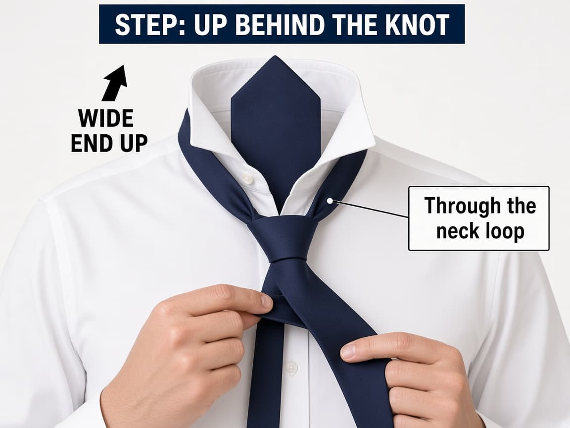 Wide end pulled upward through the neck loop behind the knot