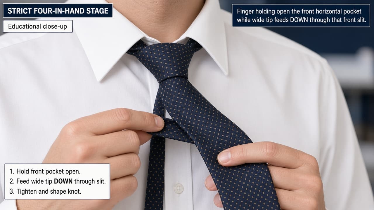 Finger holding open the front pocket of a half-formed necktie knot