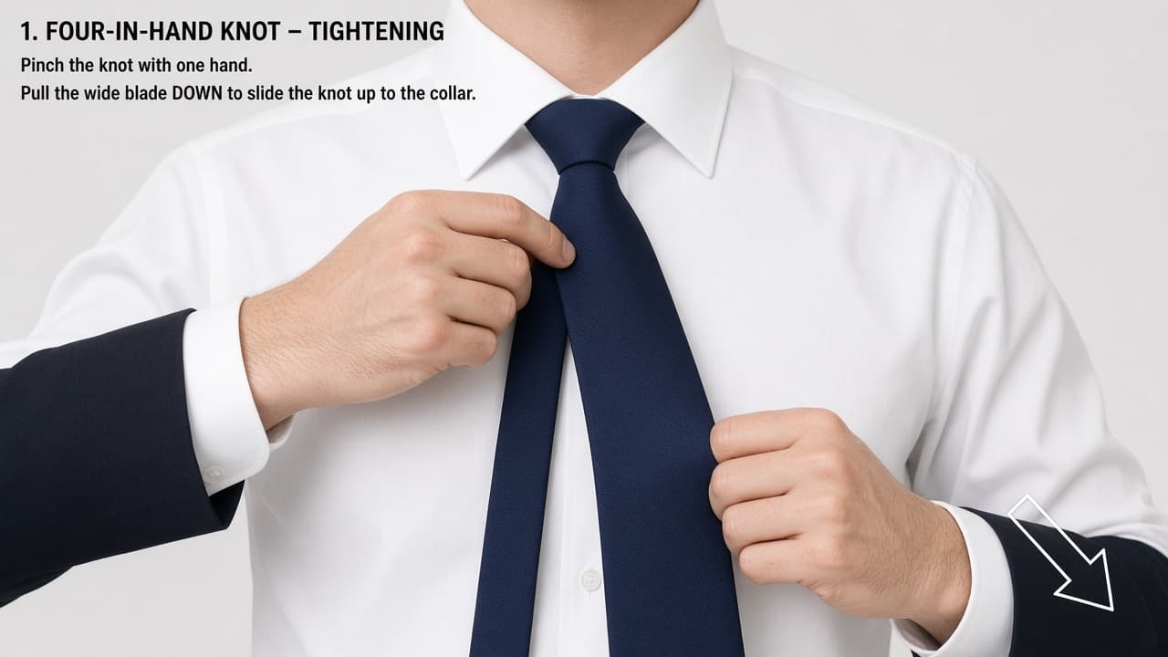 Formed necktie knot with wide and narrow ends hanging straight