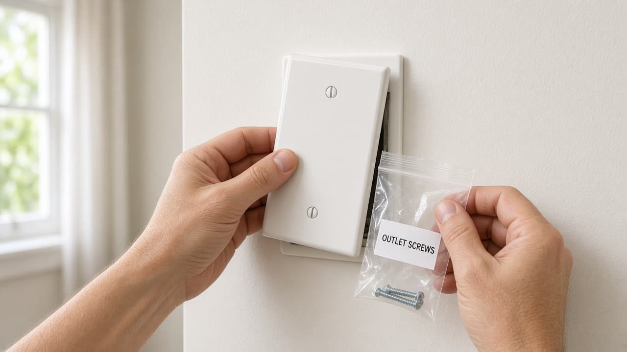 Hands removing outlet cover with screws stored in a labeled bag