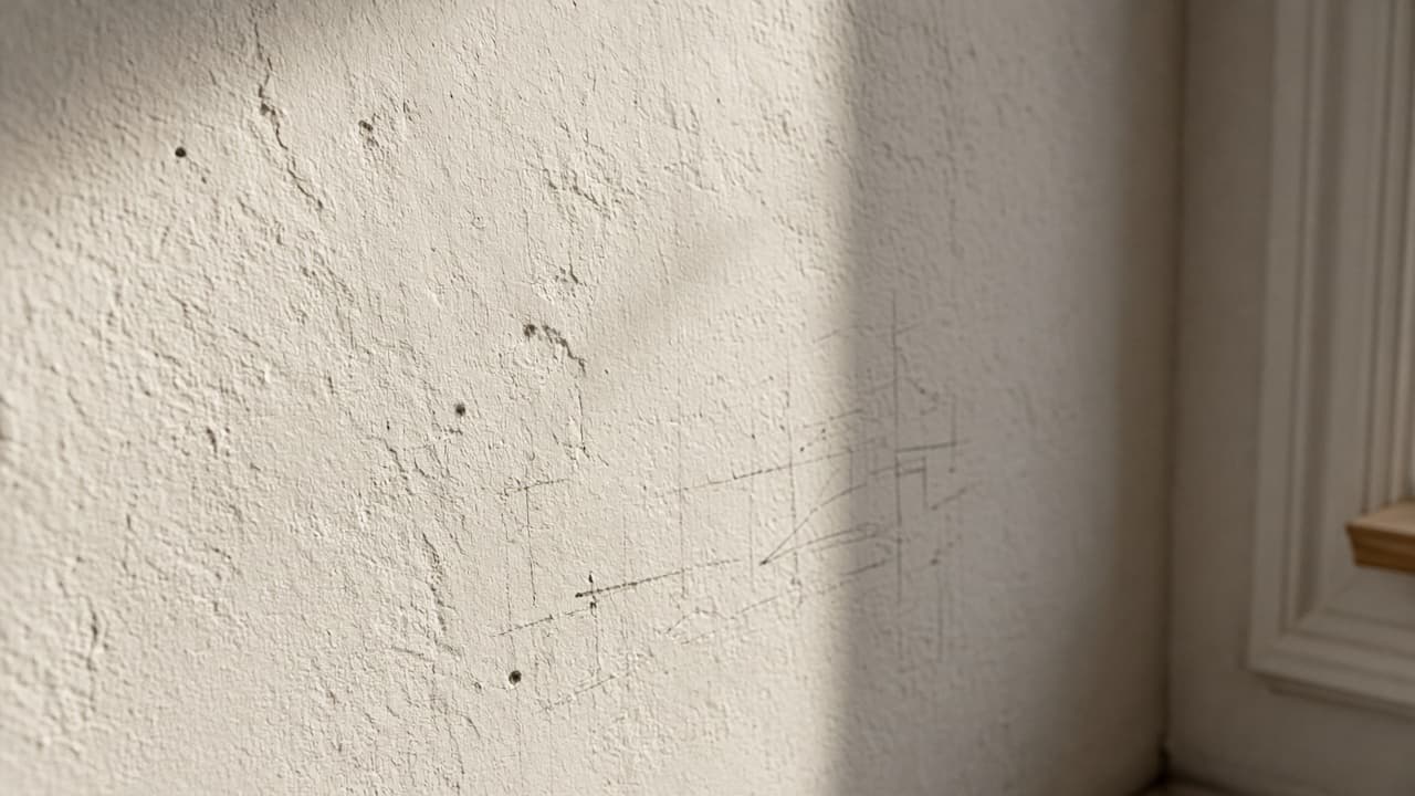 Side light raking across a wall revealing bumps and nail holes