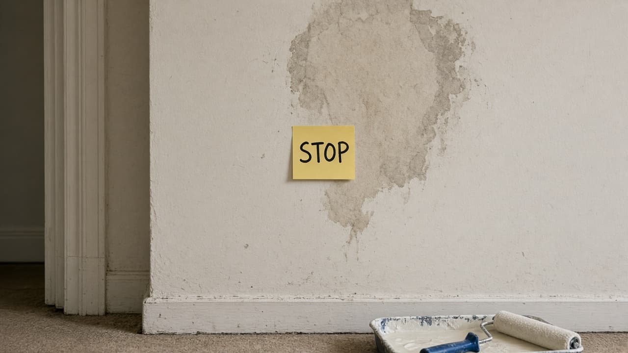 Damp wall stain marked stop before painting