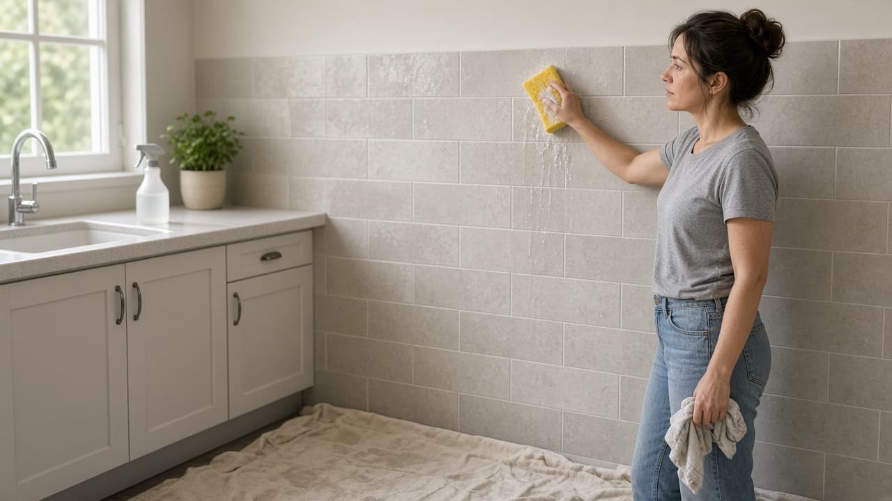 Person washing a kitchen wall with mild cleaner and sponge