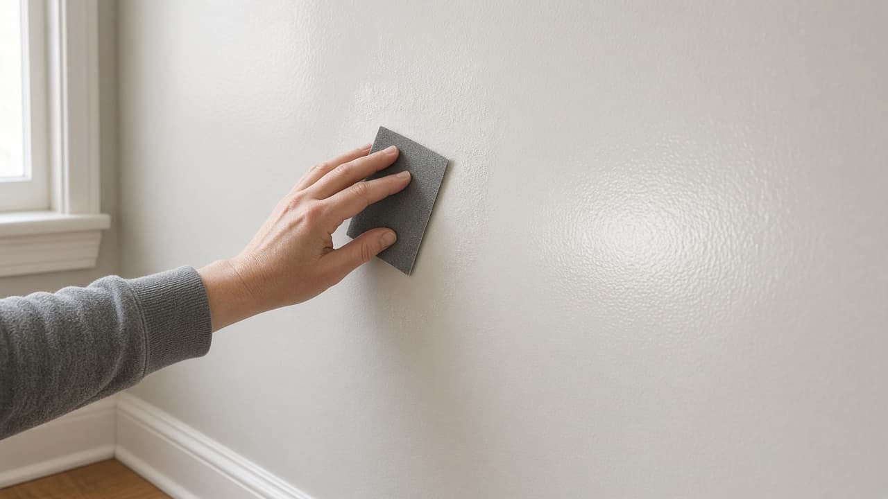 Hand lightly sanding a glossy wall section before priming