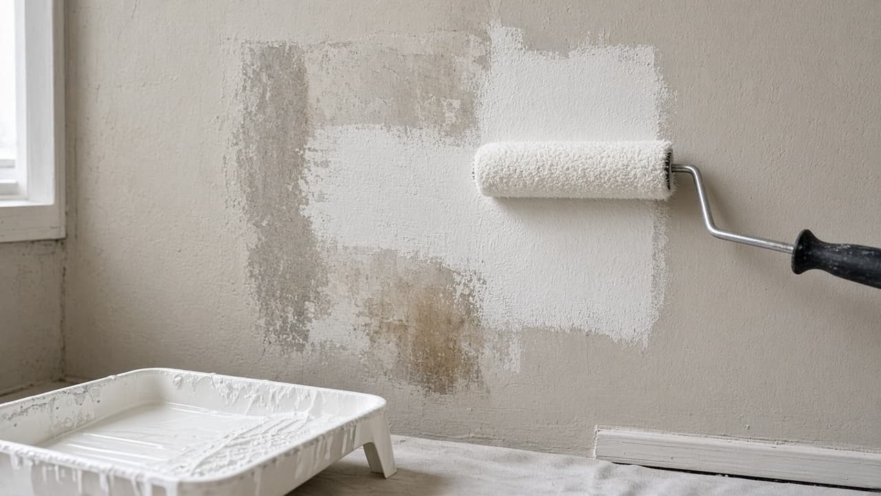 Roller applying primer over a patched and stained wall area
