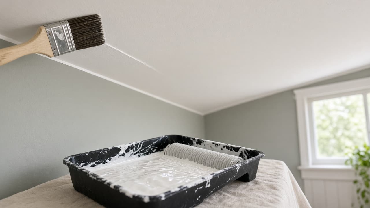 Angled brush painting a two-inch band along a ceiling line