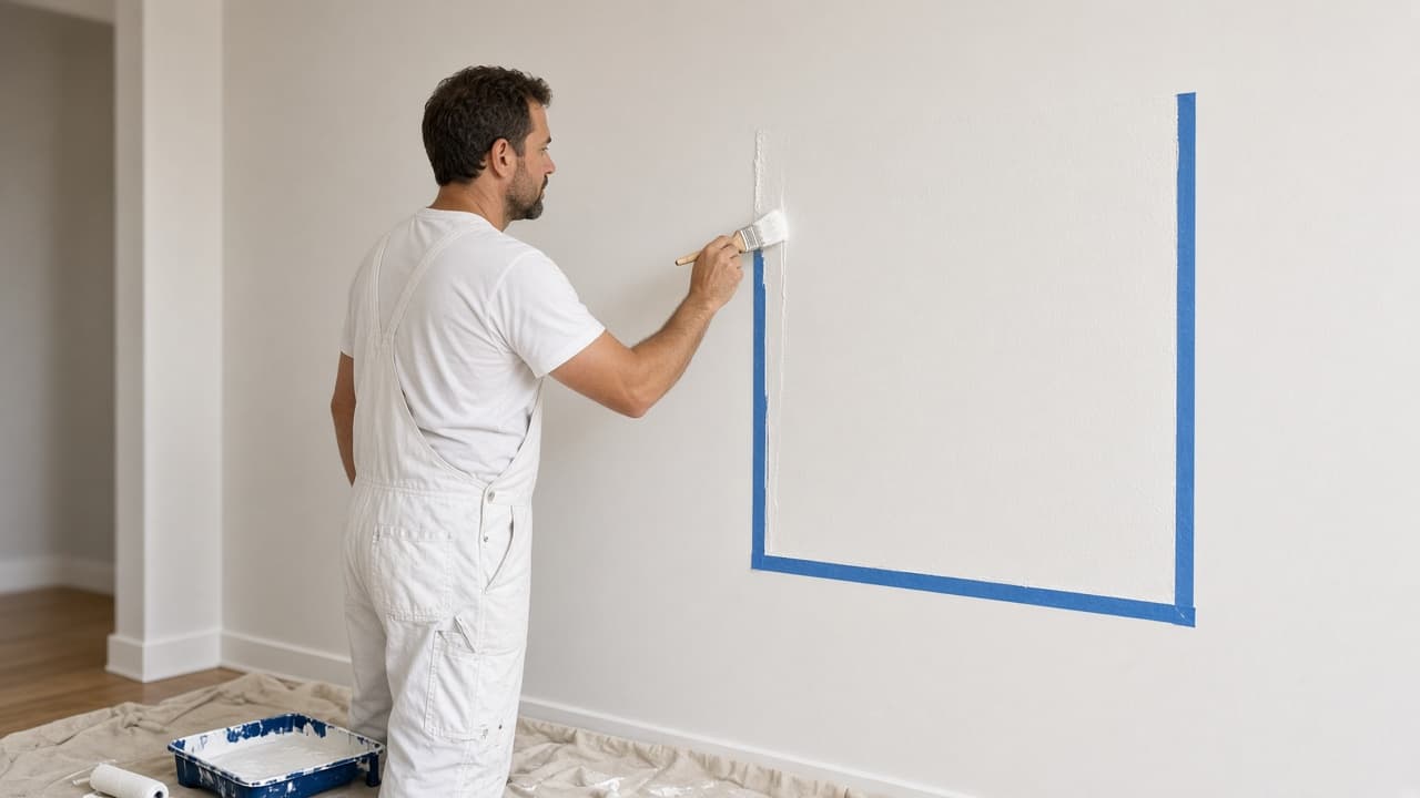 Painter cutting in one wall section before rolling that same area