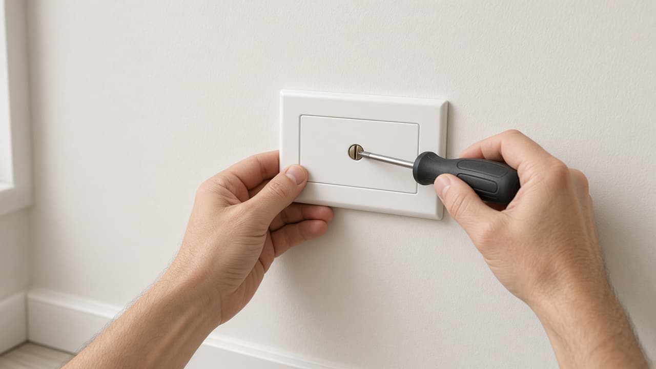 Hands reinstalling an outlet cover on a freshly painted wall
