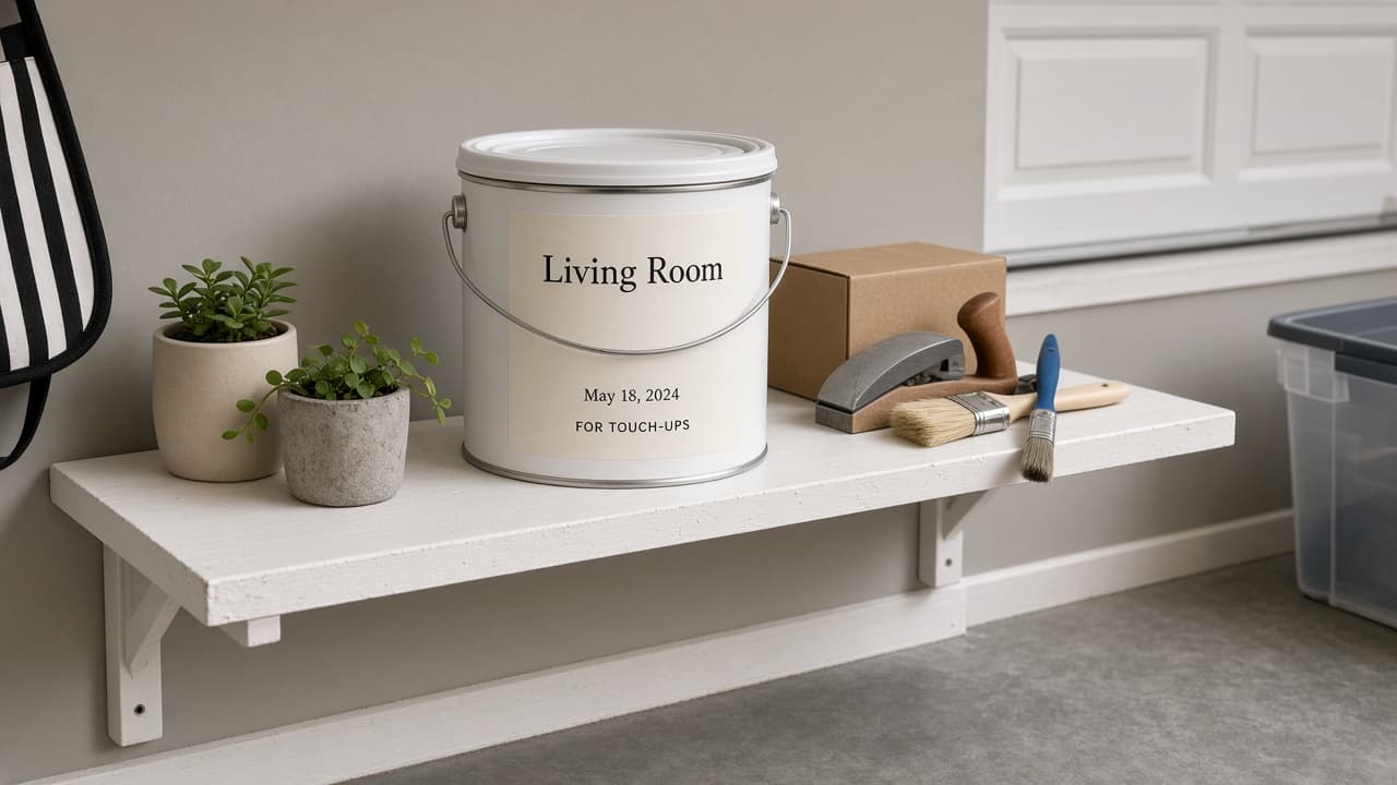 Paint can labeled with room name and date for touch-ups