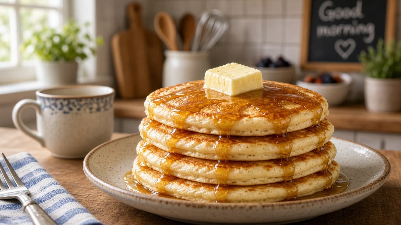 Stack of golden pancakes with butter melting on top
