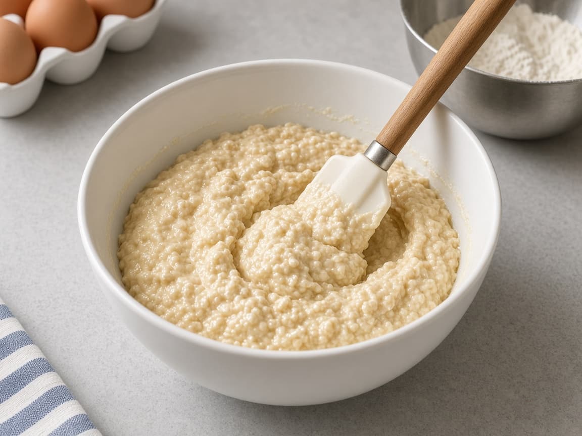 Thick pancake batter with a few small lumps in a bowl