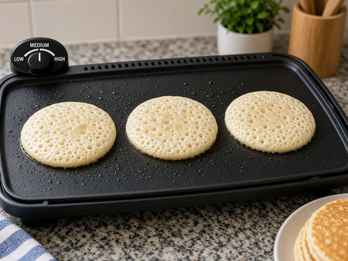Pancakes cooking on a griddle with bubbles on top