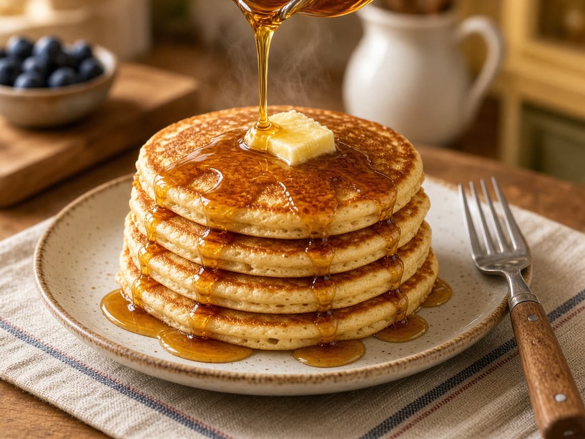 Golden pancake flipped on a griddle