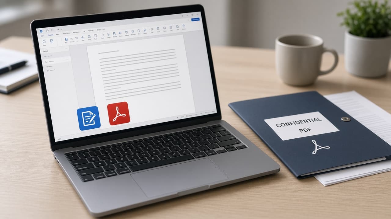 Laptop with Word and Acrobat icons beside a confidential PDF folder