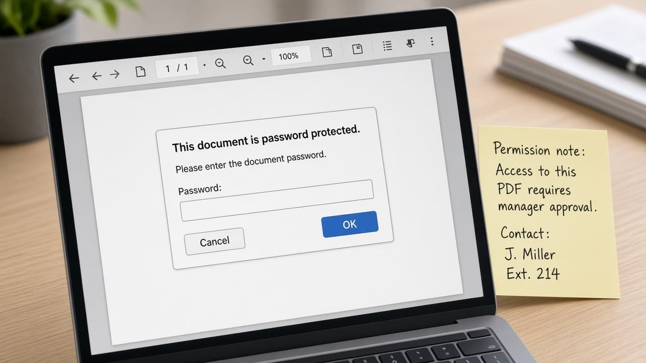 Password prompt on a PDF with permission note beside it