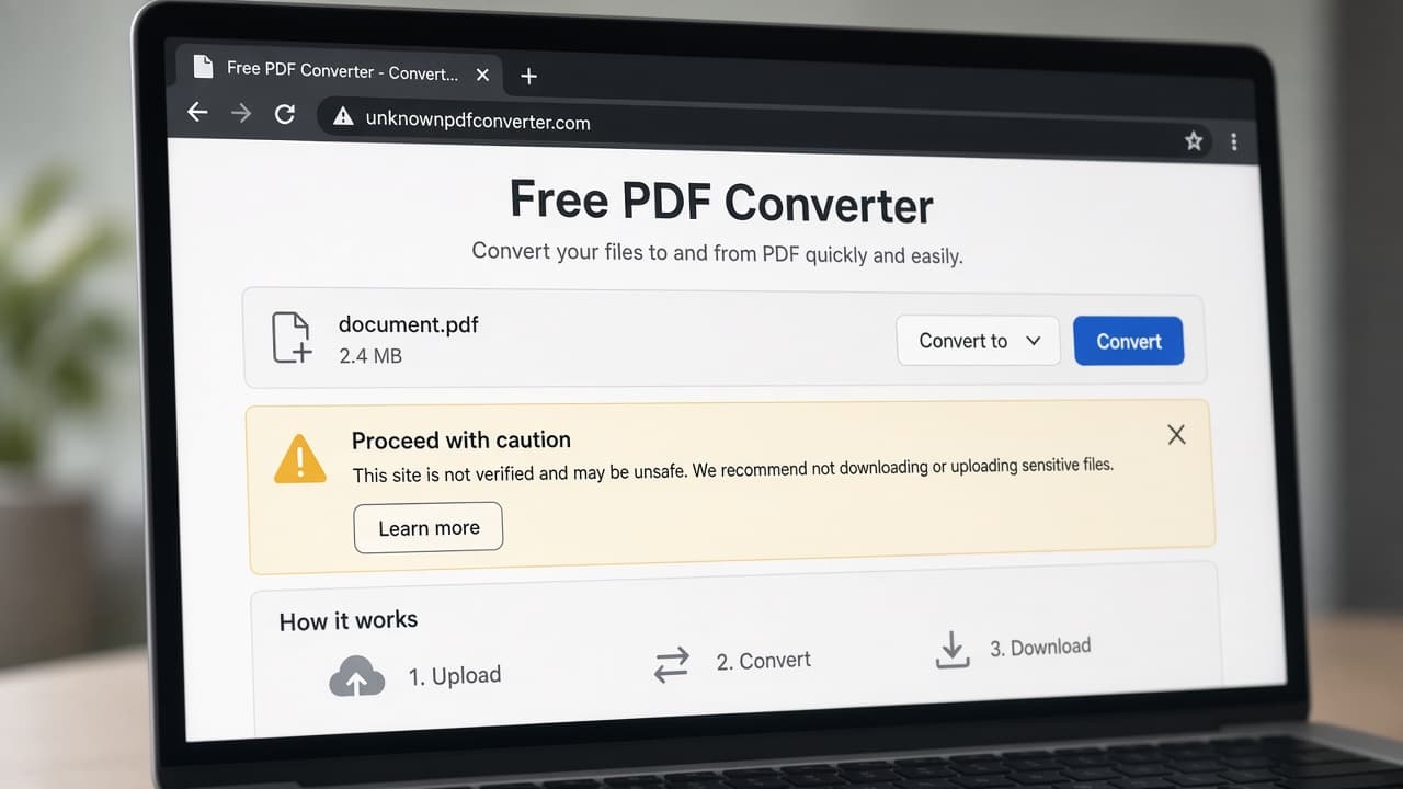 Browser warning on an unknown free PDF converter site