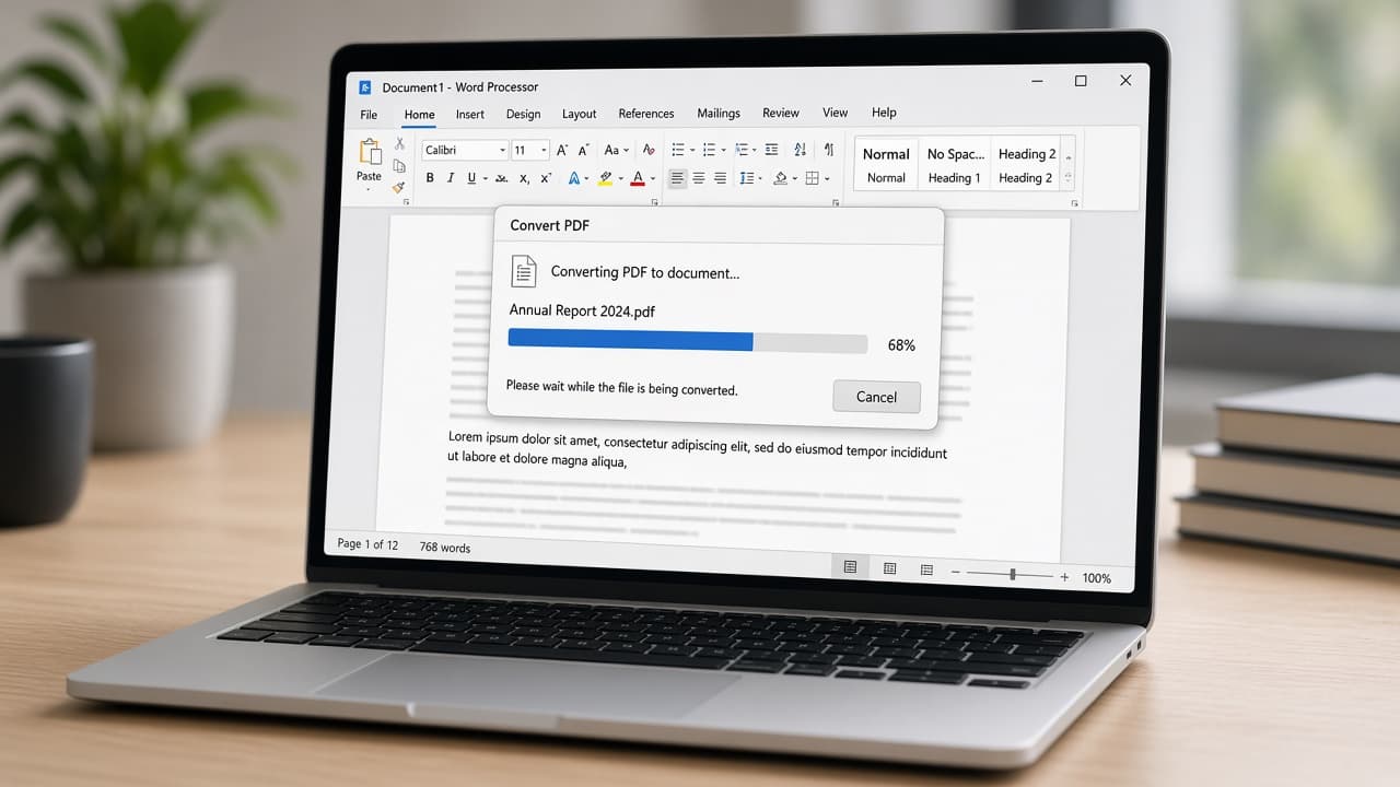Word converting PDF progress dialog on a laptop screen