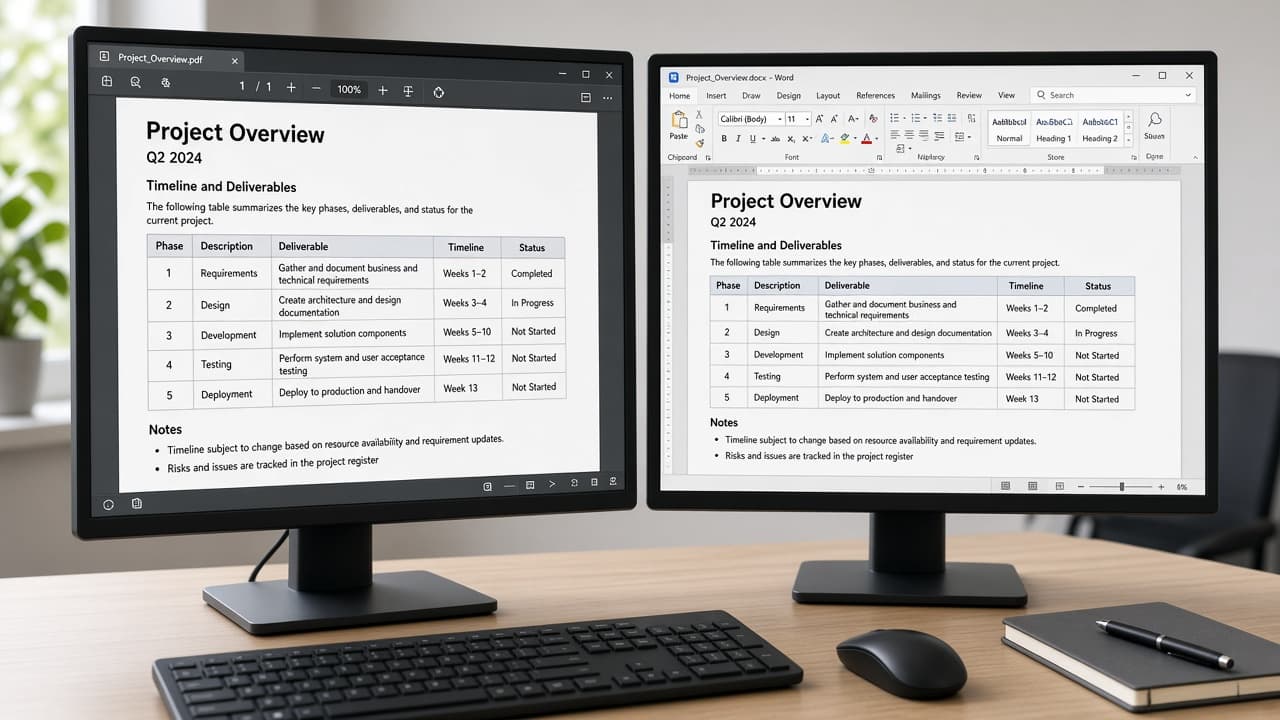 Side-by-side PDF and Word view of a broken table page