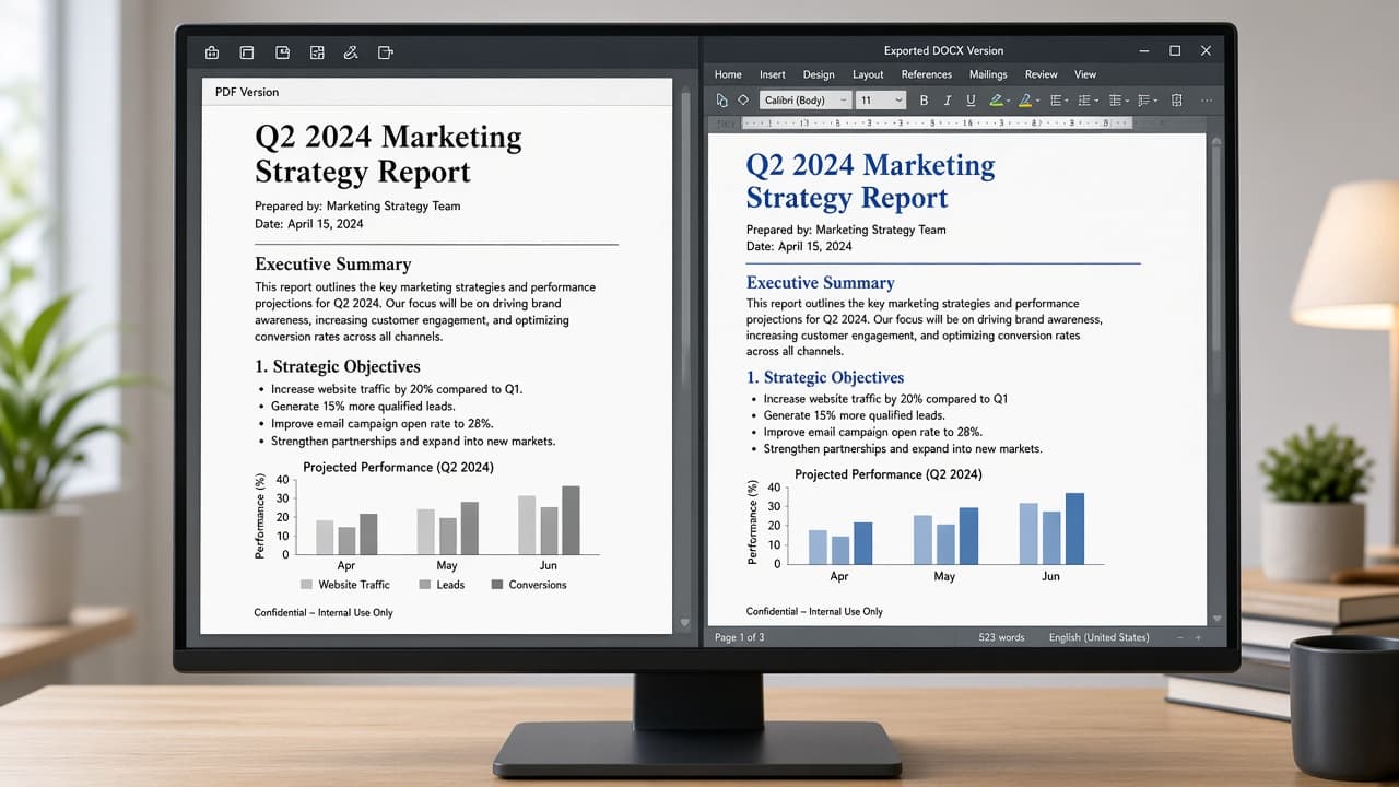 Acrobat PDF and exported DOCX compared on a dual-pane desktop