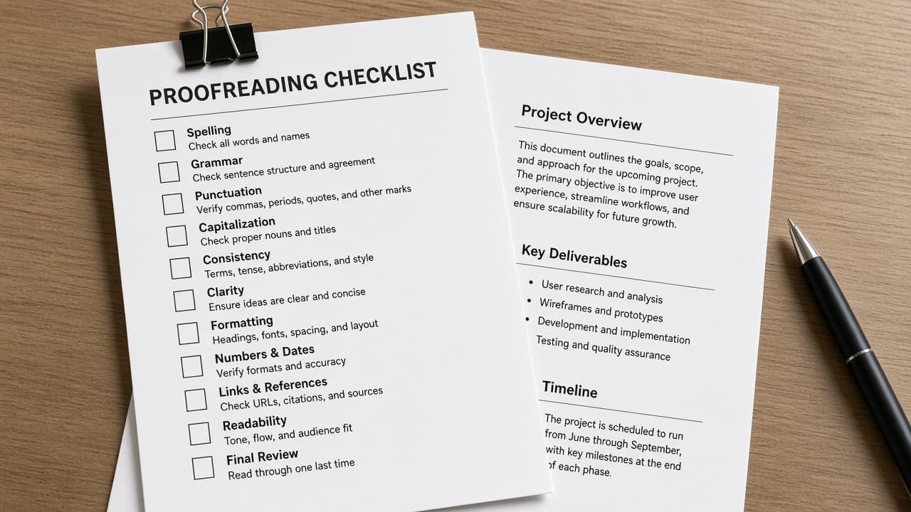 Proofreading checklist clipped to an Acrobat-exported DOCX