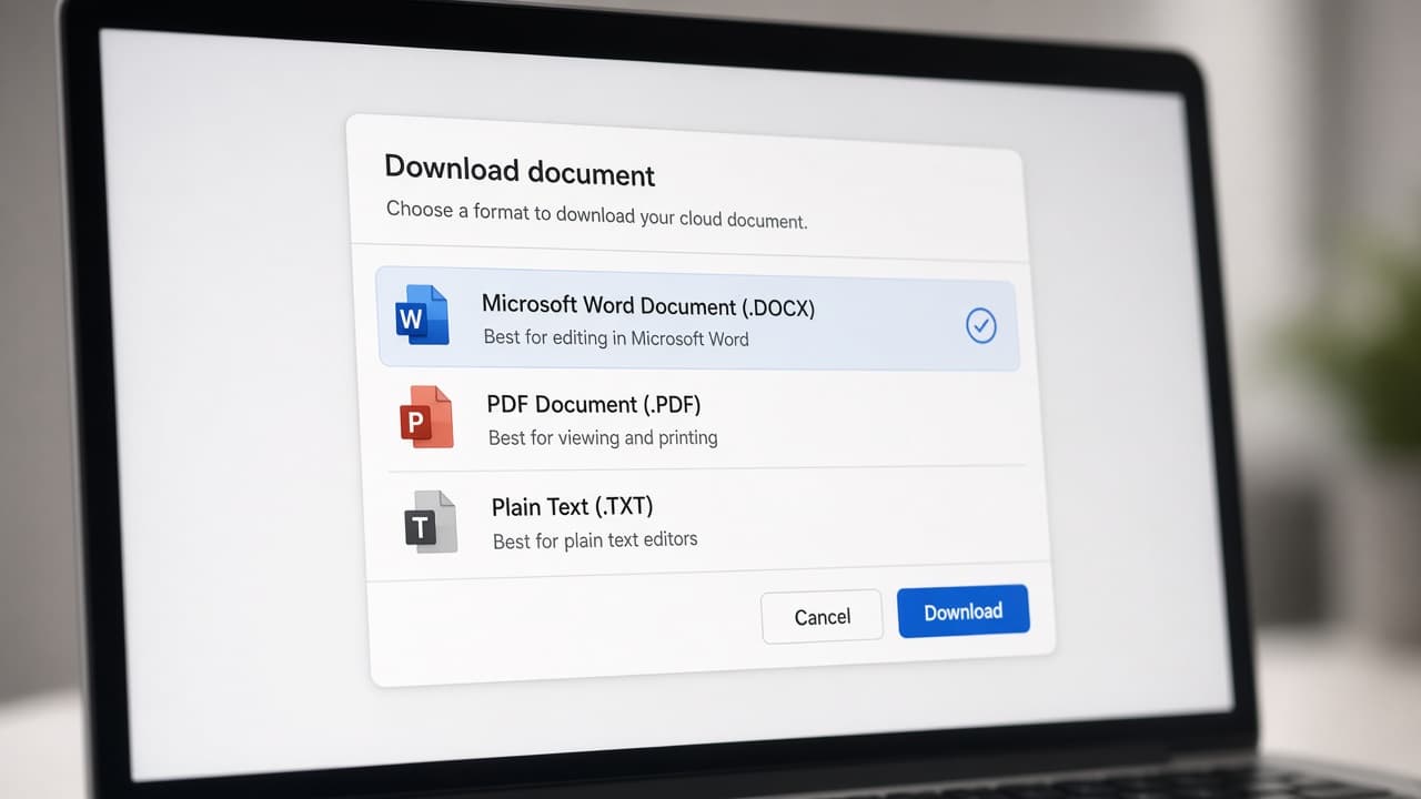 Google Docs download menu set to Microsoft Word DOCX