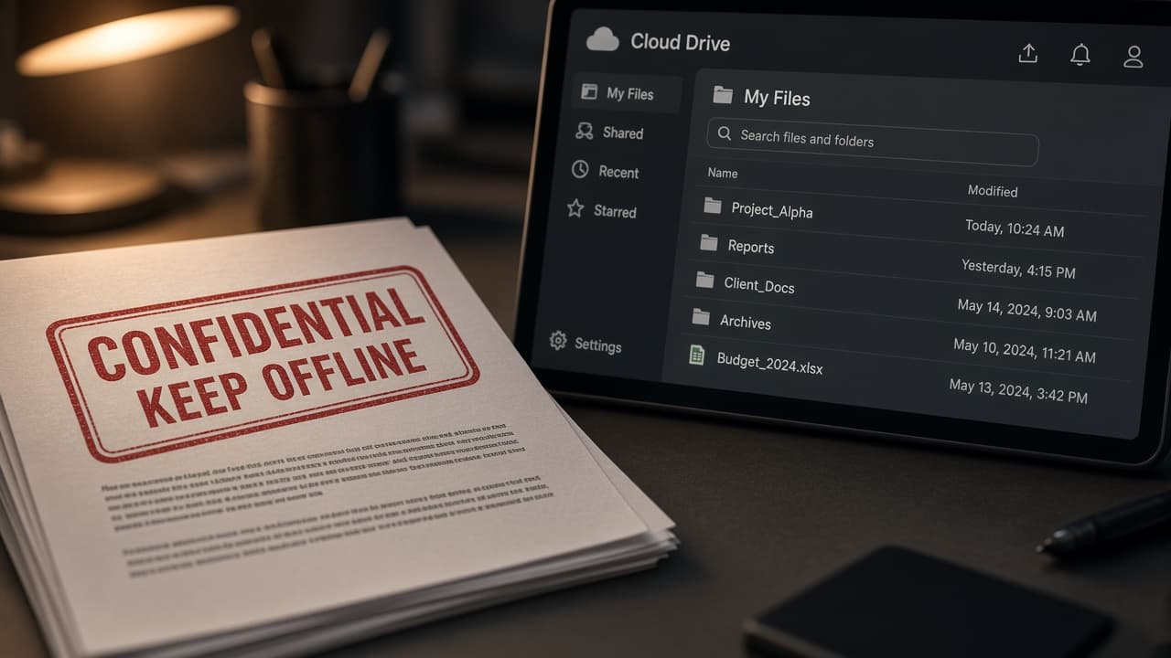 Confidential PDF stamped keep offline beside Google Drive