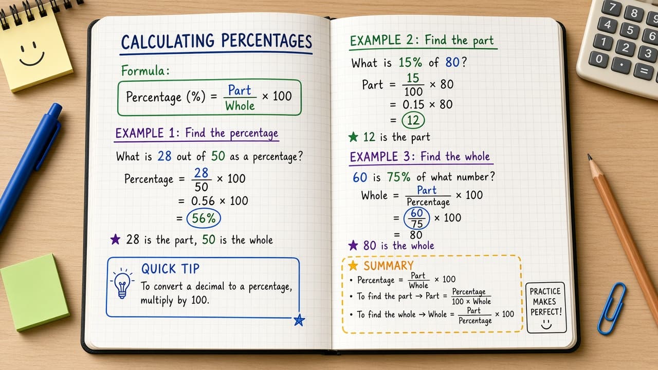 Notebook showing percentage formulas beside a calculator and receipt