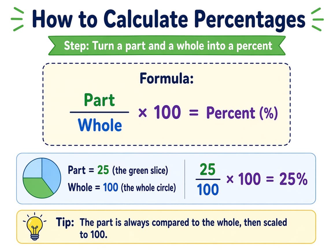 Formula card showing part divided by whole times 100