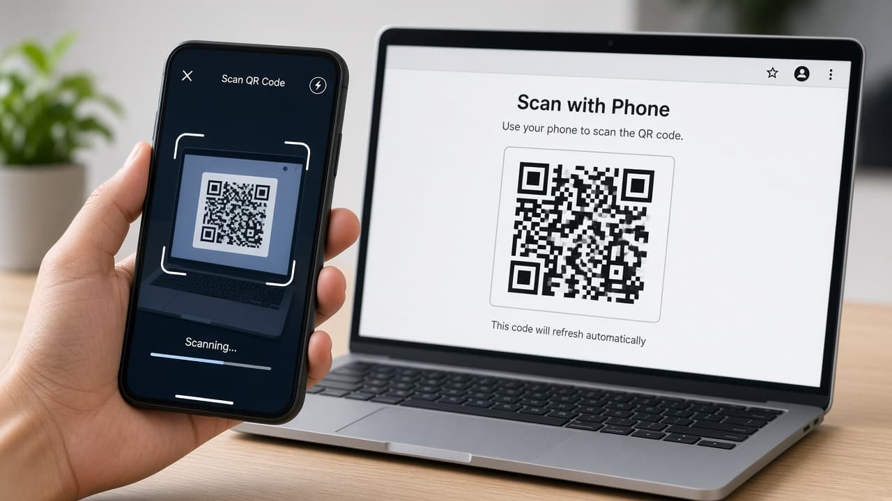 Smartphone camera viewfinder framing a printed QR code with a link banner appearing