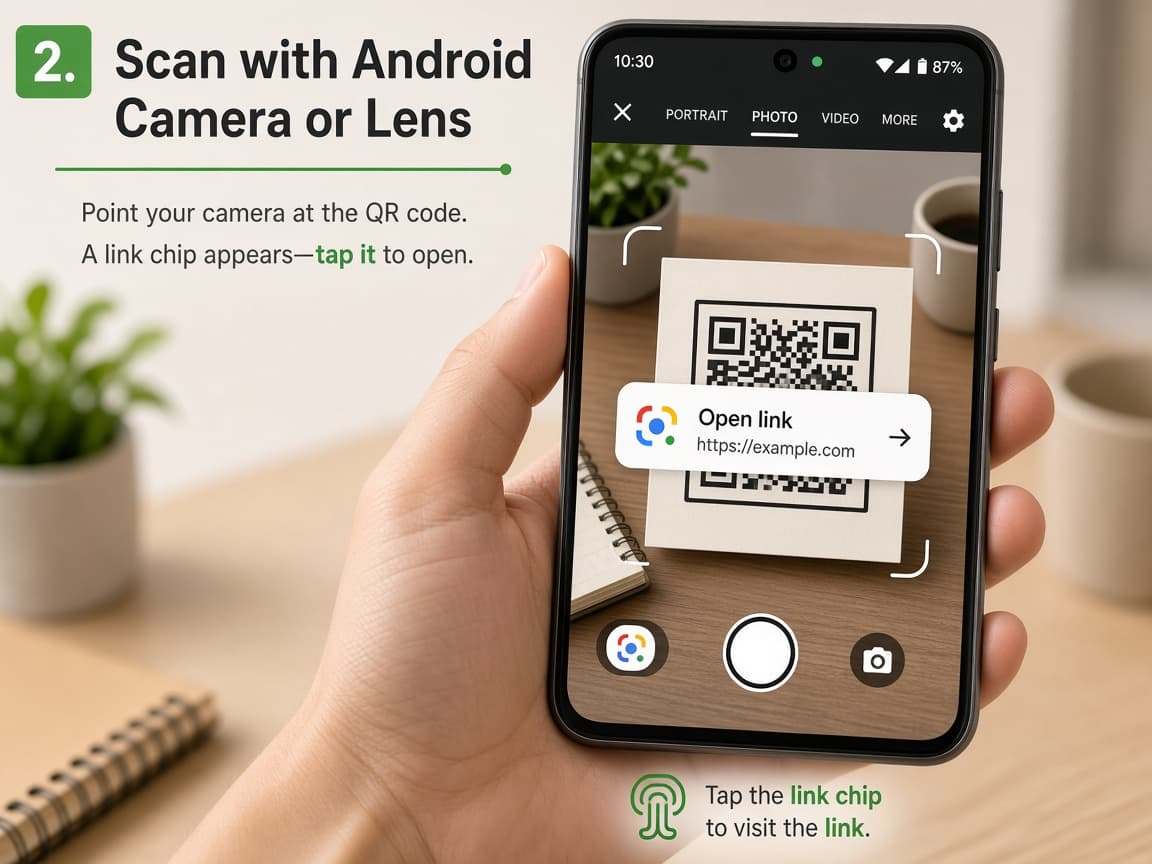 Illustrative Android phone showing a QR link chip over the camera viewfinder