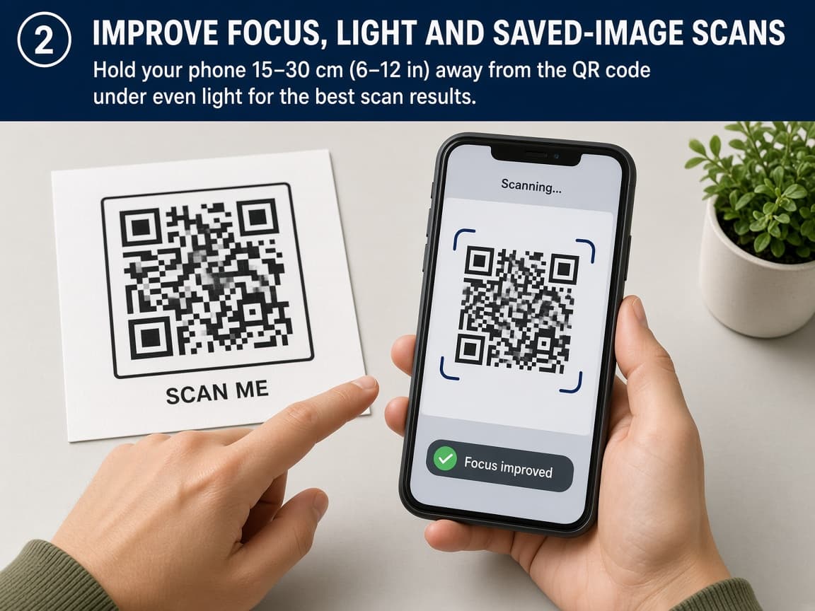 Illustrative hand adjusting phone distance from a QR code under even light