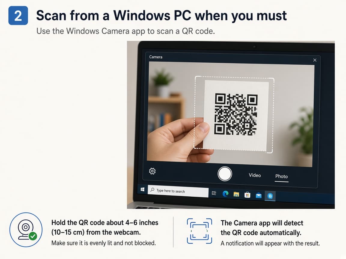 Illustrative Windows Camera app pointed at a printed QR code held to the webcam