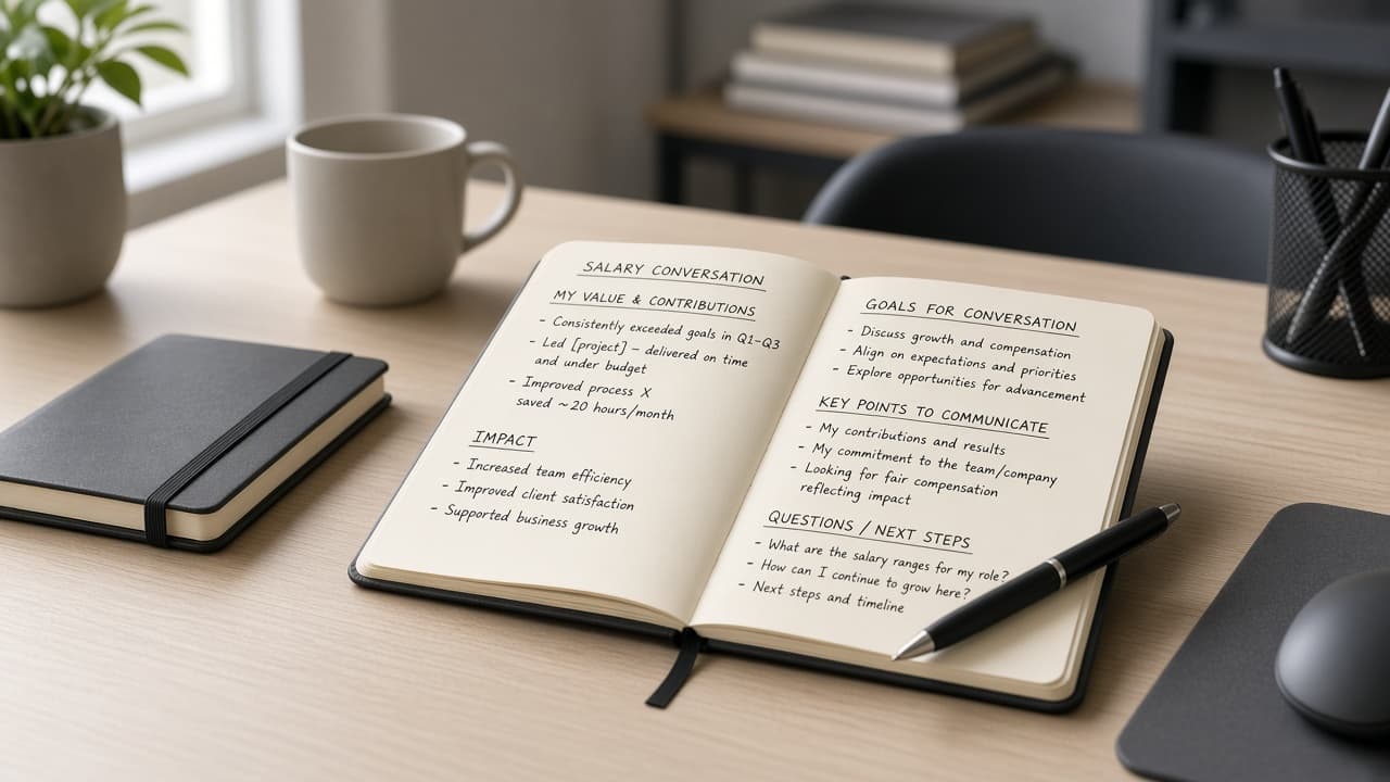Folder of achievement notes and salary research beside a calendar marked for a manager meeting