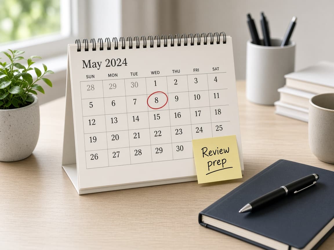 Calendar with budget cycle and raise conversation marked weeks earlier