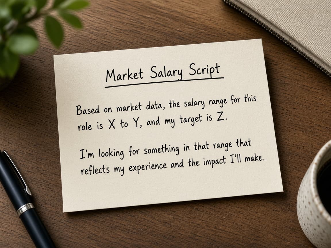 Two-sentence market script on a notecard