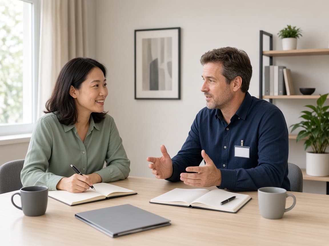 Two people in a meeting with a one-page summary on the table