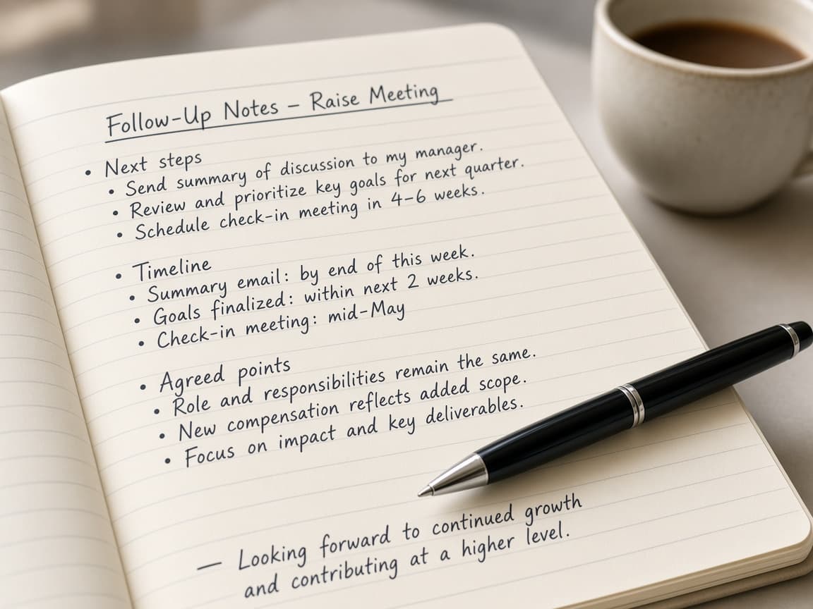 Follow-up email draft confirming next steps after a raise conversation