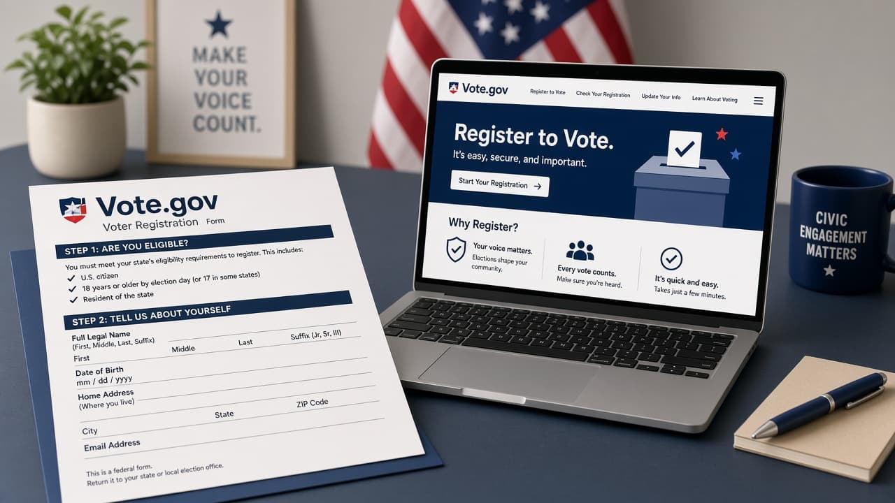 Laptop open to a voter registration start page beside a state ID and calendar
