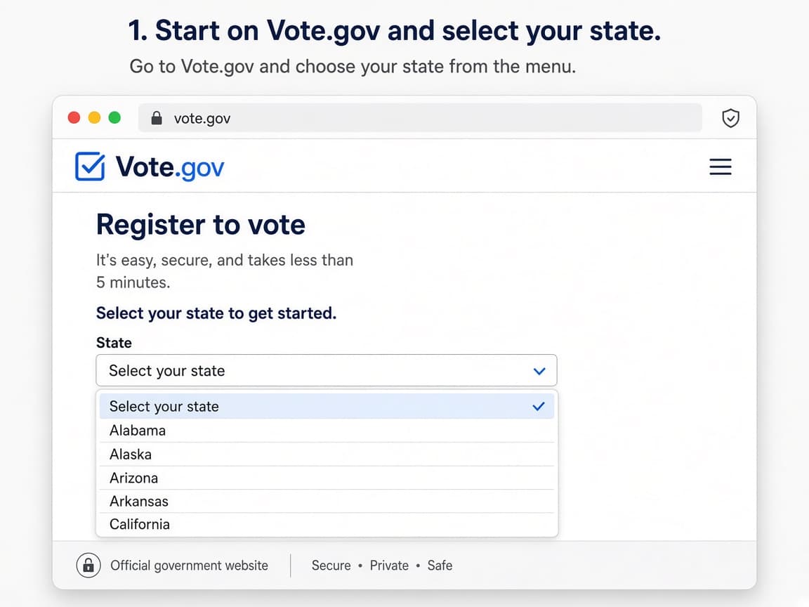Browser on Vote.gov with a state selection menu