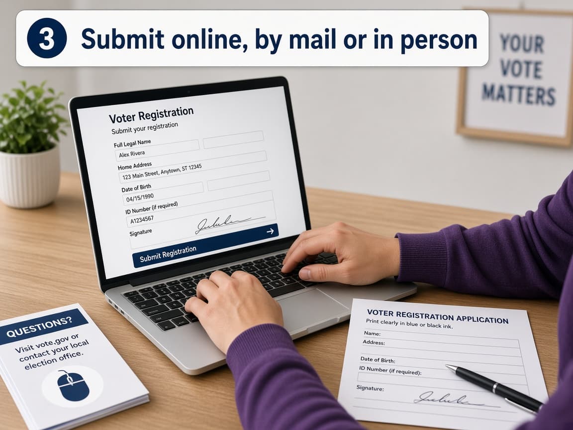 Person submitting a voter registration form on a laptop