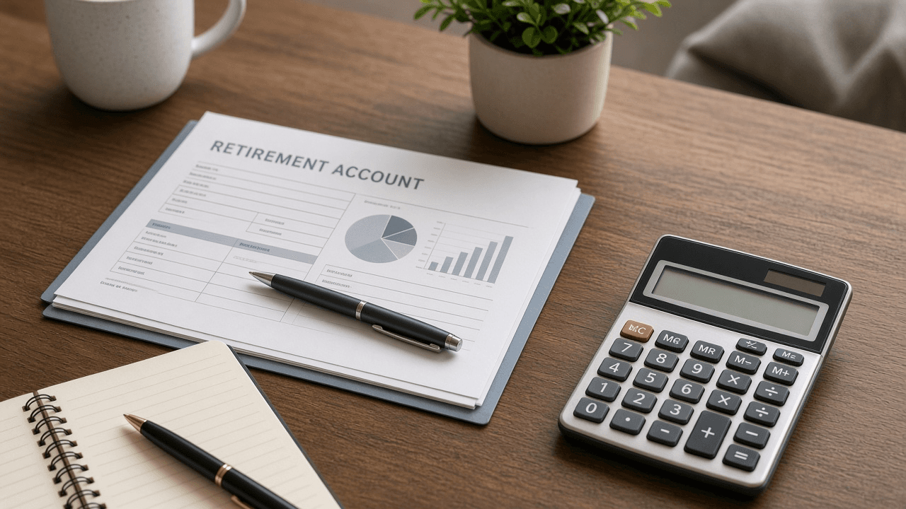 Laptop showing a retirement account enrollment screen beside a paycheck stub and calculator
