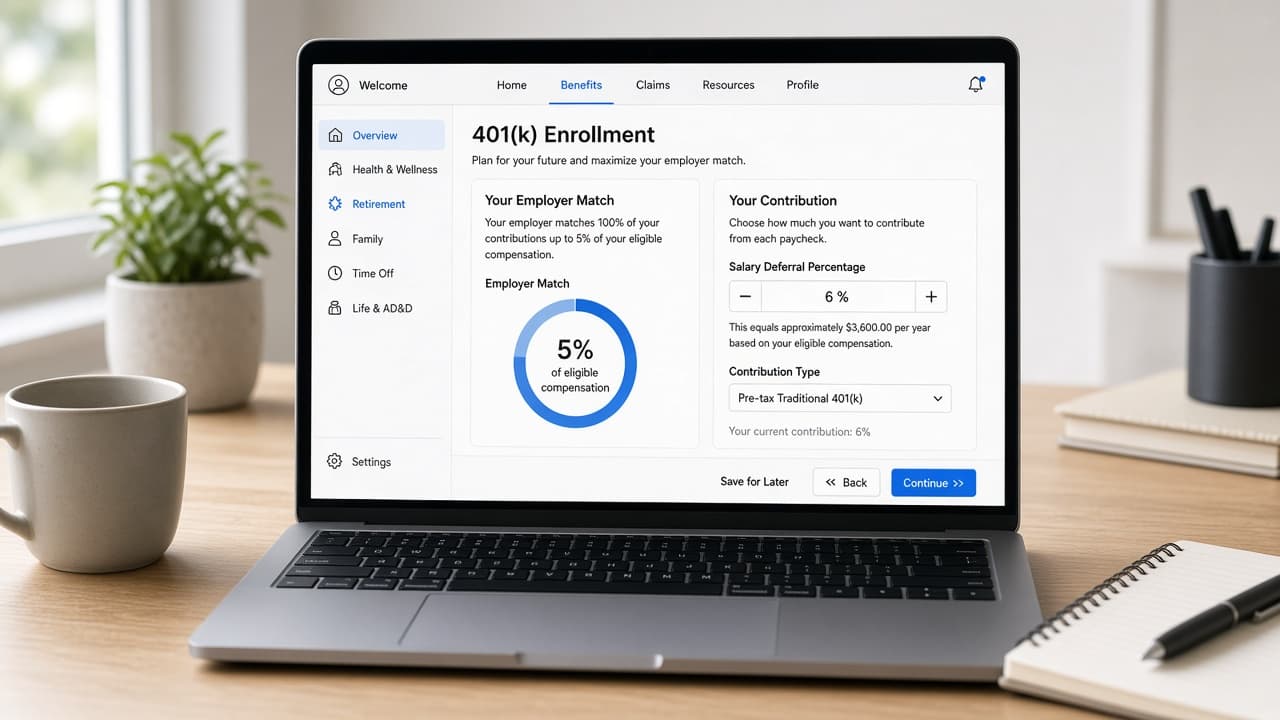 Benefits screen showing employer match percentage and salary deferral