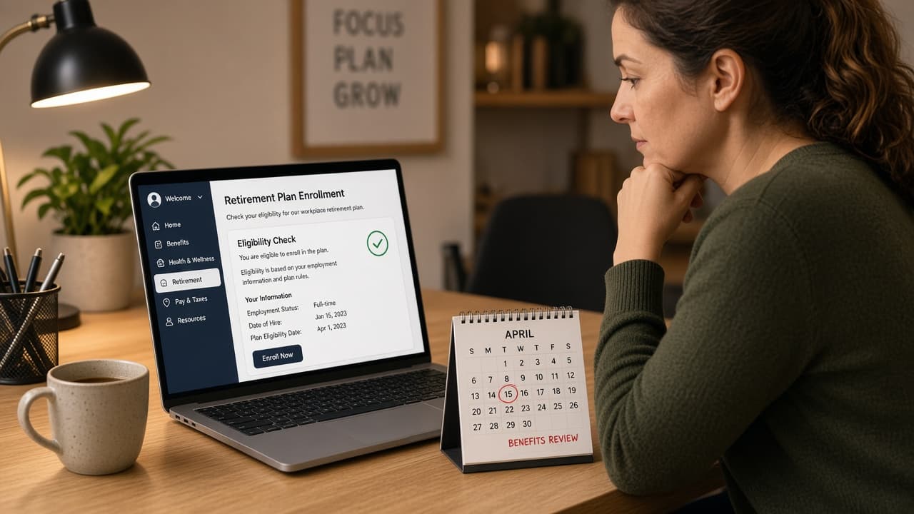 Benefits portal screen showing 401(k) eligibility date on a laptop