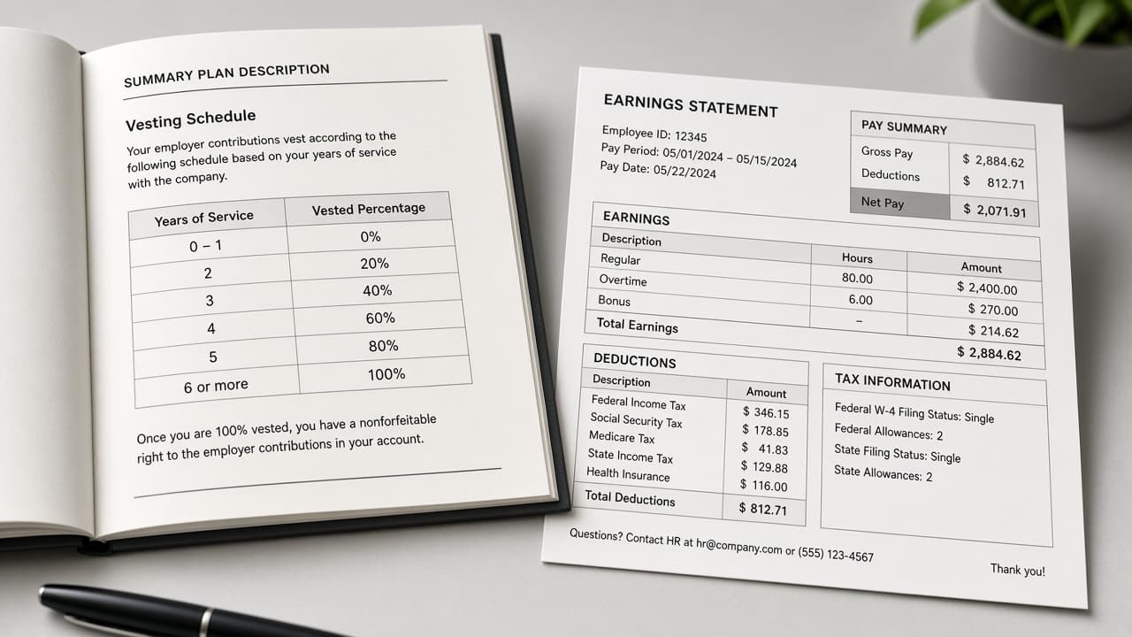 Summary plan booklet open to a vesting schedule table