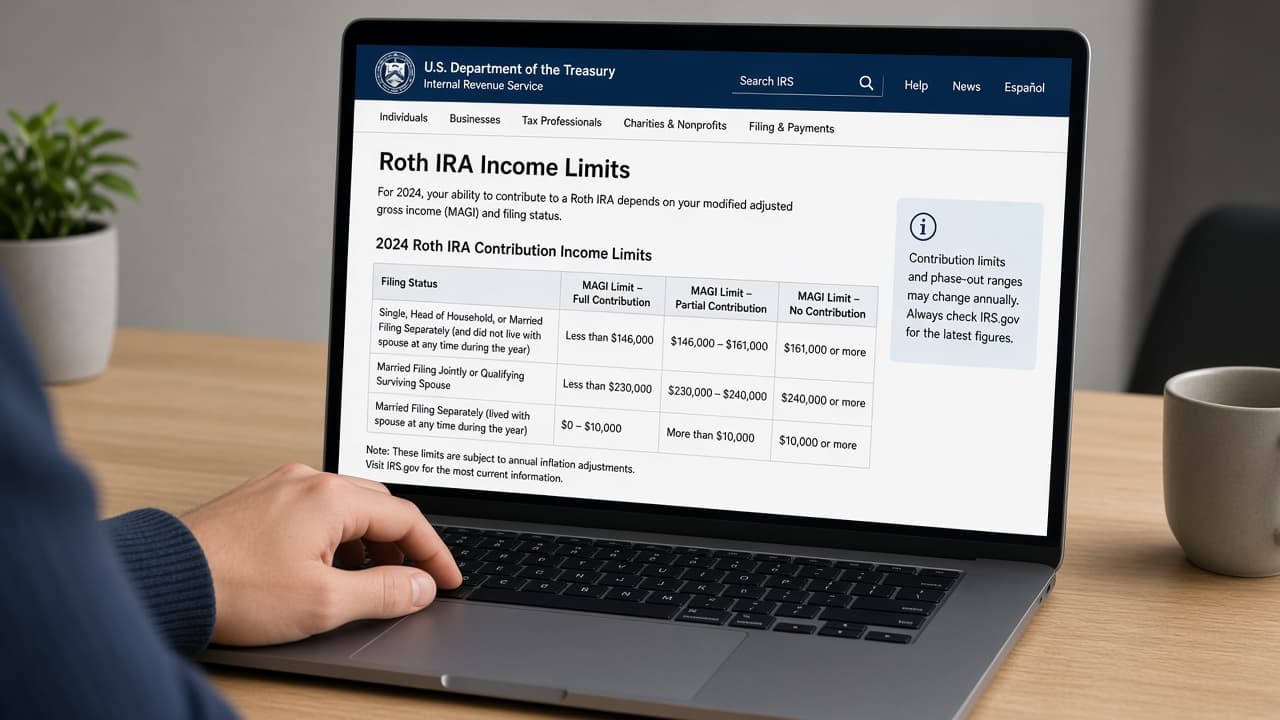 Laptop open to IRS.gov contribution and Roth income limit guidance