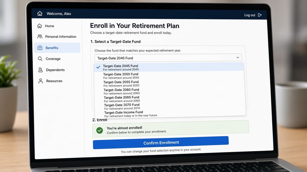 Hand selecting a target-date fund option on an enrollment screen