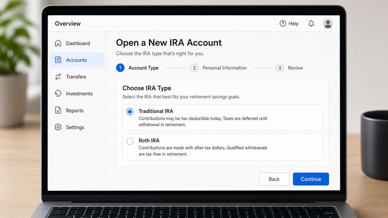 Broker IRA application showing traditional and Roth account type choices