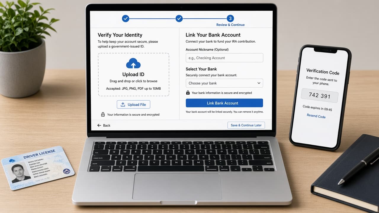 Identity verification upload and bank link fields on a broker signup form