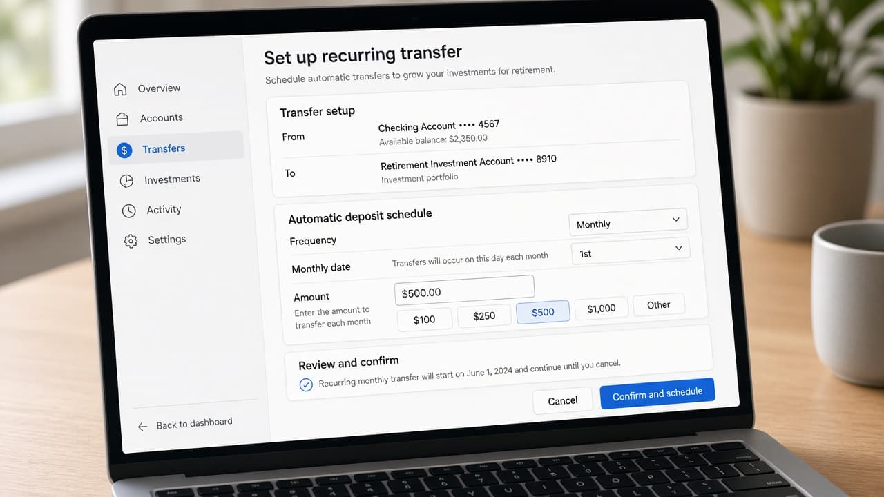 Broker screen setting a recurring monthly transfer amount