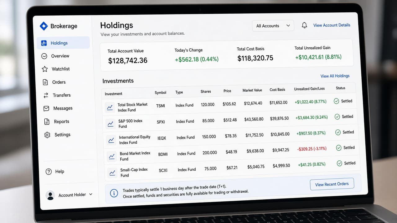Holdings page showing an index fund position after a trade settles